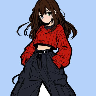 anime teen girl with baggy pants and crop top with sweater
