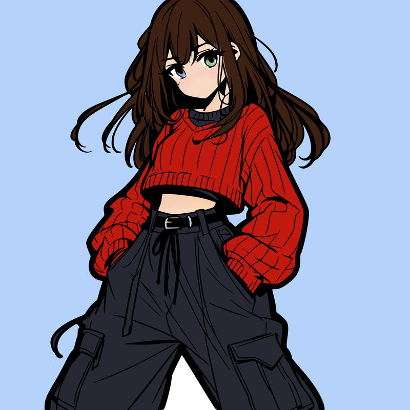 anime teen girl with baggy pants and crop top with sweater