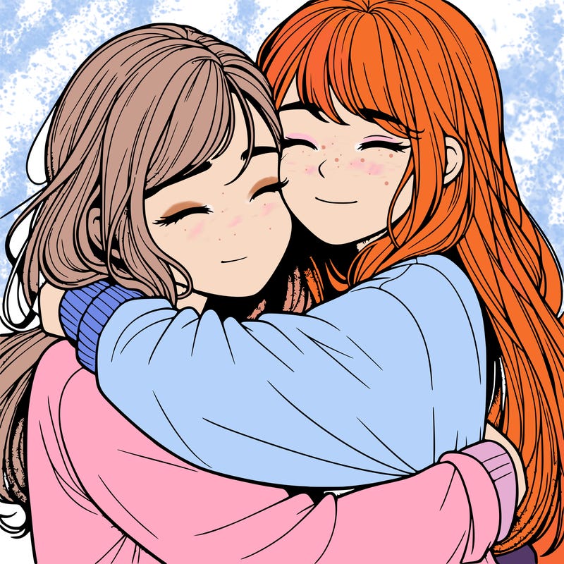 realistic two girls hugging