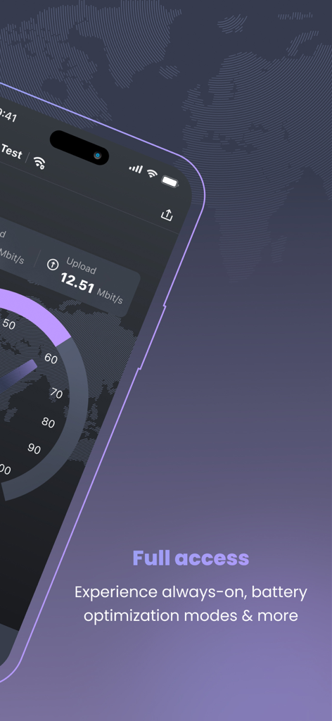 Interface de l'application Owl VPN montrant des tests de vitesse de connexion et des fonctionnalités d'optimisation de la batterie