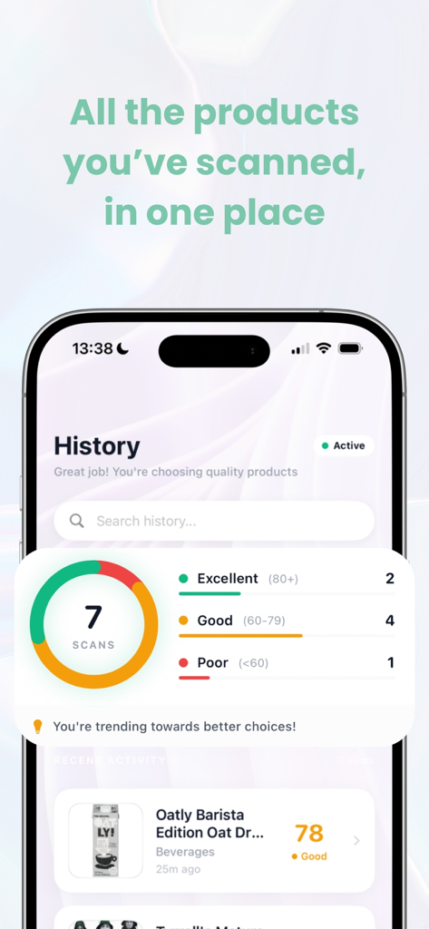 Sift - Real Product Reviews - La pantalla de historial de escaneo de la aplicación Sift que muestra un resumen de las puntuaciones de calidad de los productos.