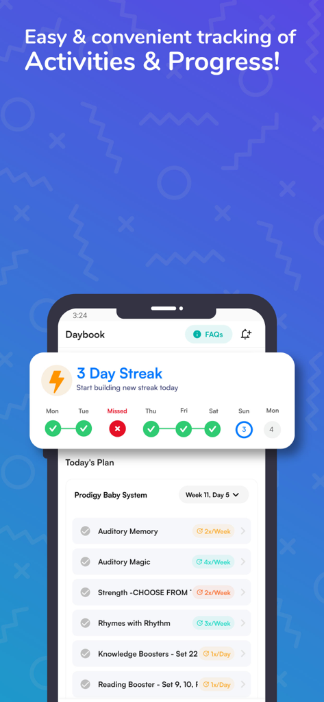 Prodigy Baby - Parenting App - Prodigy Baby app dashboard showing daily activity streak and personalized development plan