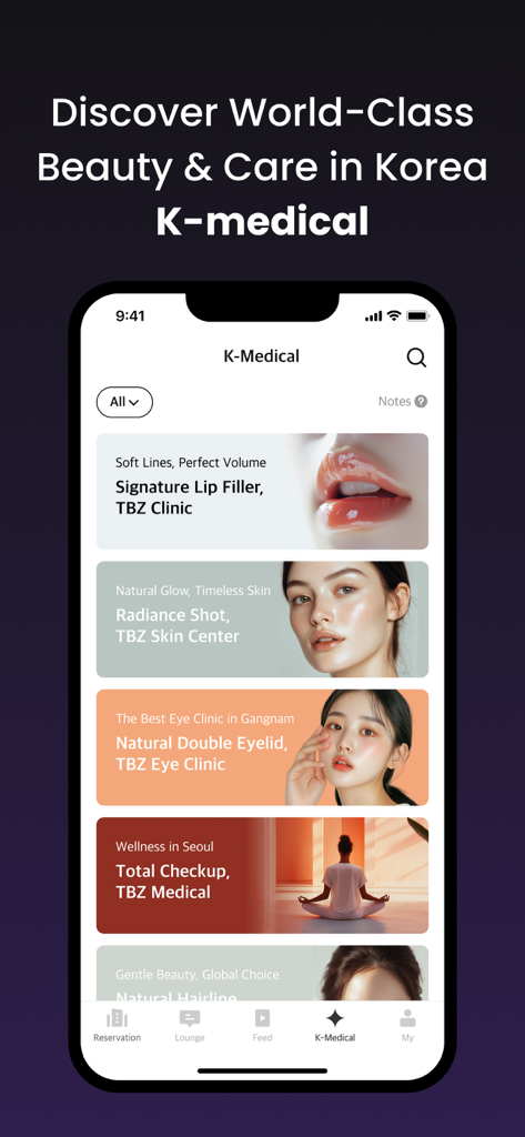 Tripbtoz - Play Share Stay - A mobile app screen for Tripbtoz showing K-Medical beauty and wellness service listings in South Korea