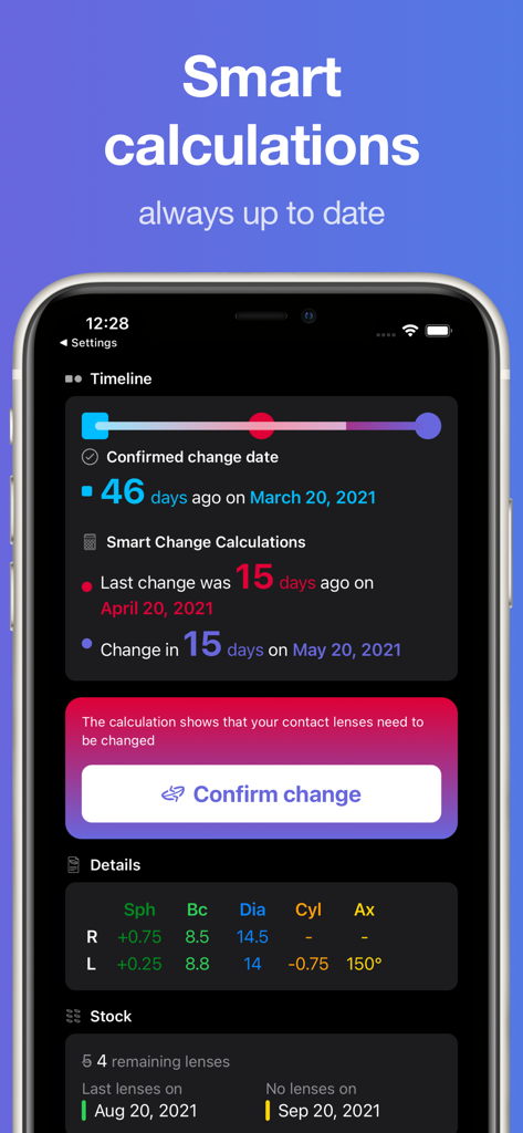 Dashboard of Lensy app showing contact lens change timeline and prescription details