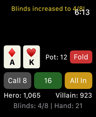 Mini-Poker - Heads-up Texas Hold'em gameplay on Apple Watch showing Ace and King cards with betting options like Fold, Call, and All In