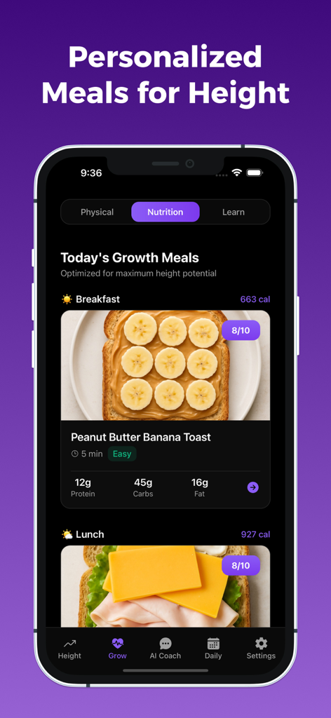 Taller - Maximize Height - Pantalla de la aplicación Taller que muestra comidas personalizadas de crecimiento y nutrición con seguimiento de calorías y macros