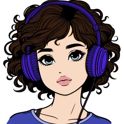realistic girl with short curly hair wearing headphones