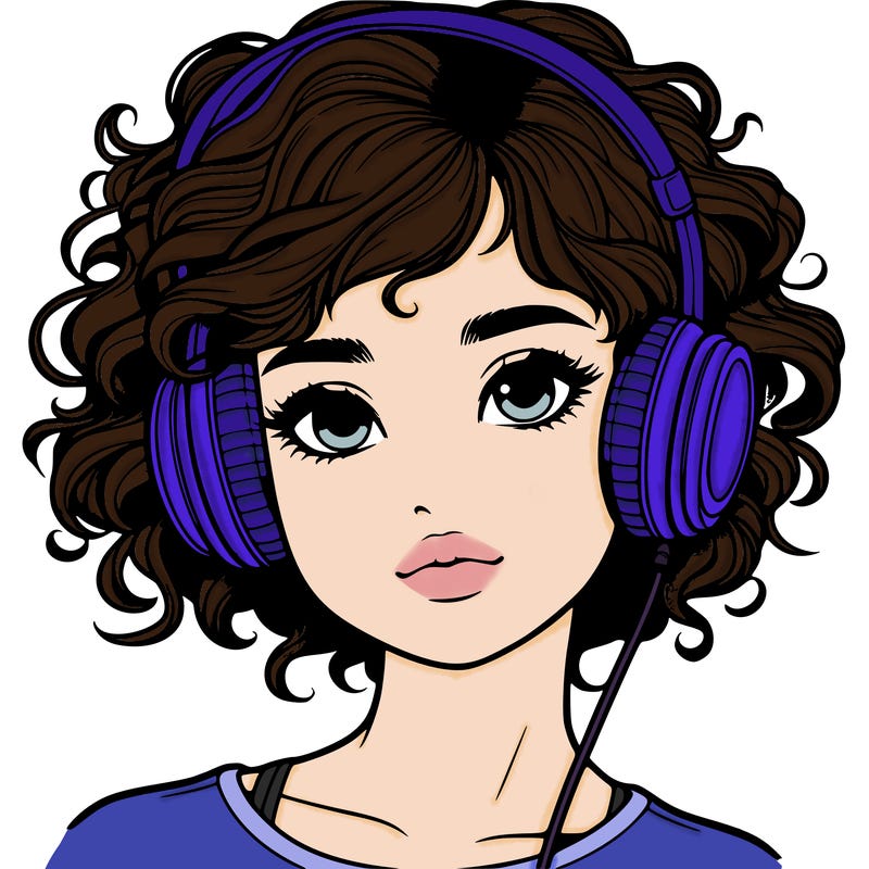 realistic girl with short curly hair wearing headphones