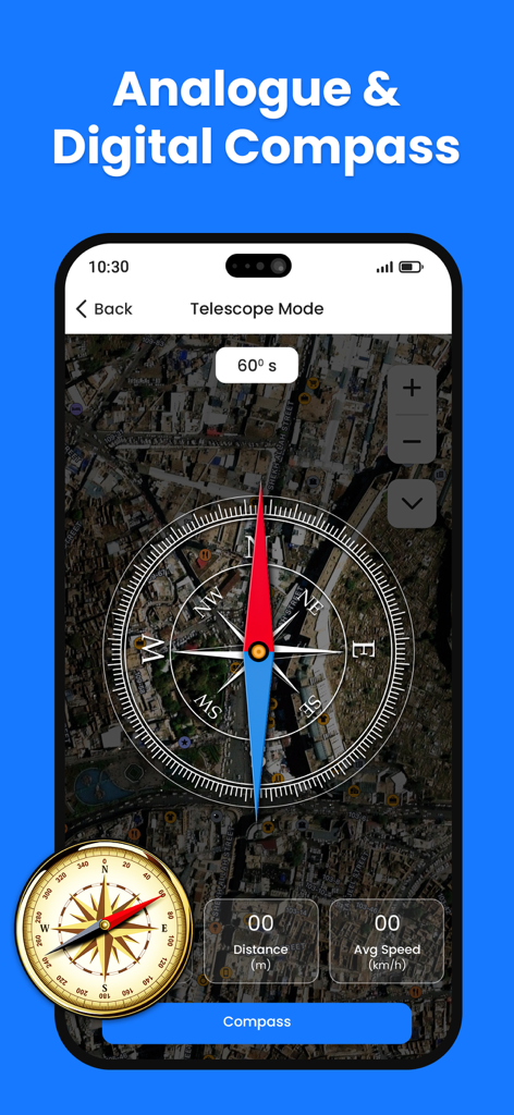 AreaMate - Analogue and digital compass feature in AreaMate showing orientation and distance on a satellite map