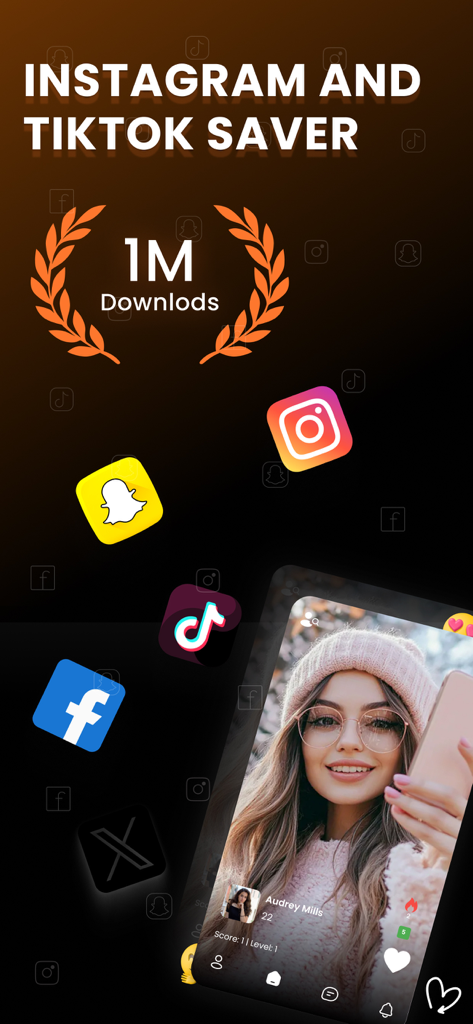 Blazeアプリのプロモーション画面で、InstagramとTikTokのセーバー機能、100万ダウンロード達成の節目、ソーシャルメディアのアイコンが表示されています