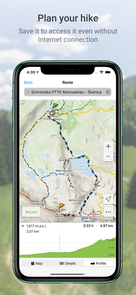 Hiking Map Poland - Interface of the Hiking Map Poland app displaying a planned trail route in the Tatra Mountains with an elevation profile and map details