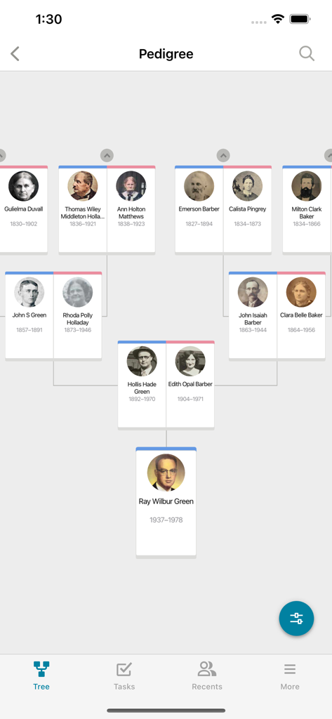 Stammtafelansicht eines Familienstammbaums, die mehrere Generationen mit Fotos und Geburtsdaten zeigt