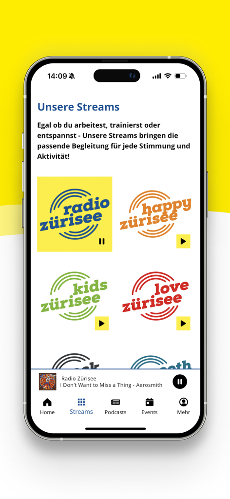 Radio Zürisee - Pantalla de la aplicación Radio Zürisee mostrando diferentes opciones de transmisión de música.