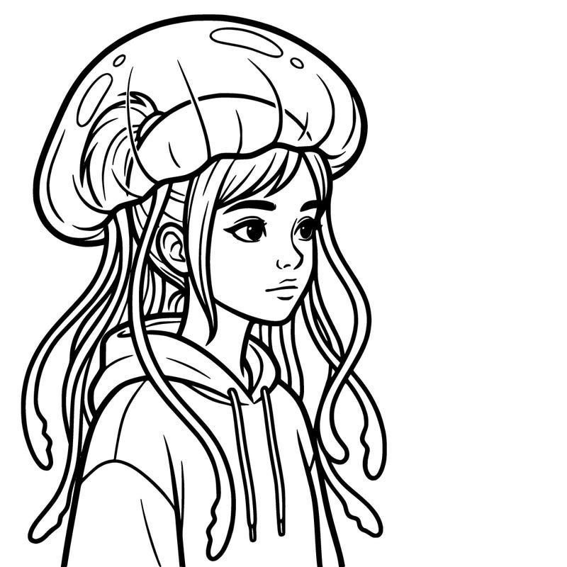 girl, has a blue jelly fish hat, girl is teenager