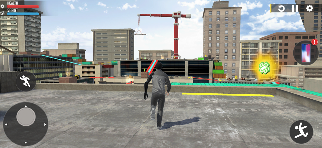 Third-person view of a character running across a city rooftop in the parkour game Elevated Run City Freestyle