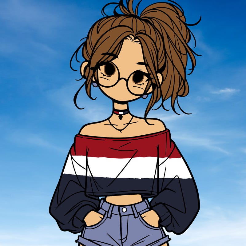 girl with a messy ponytail glasses a baggy crop top and jean shorts