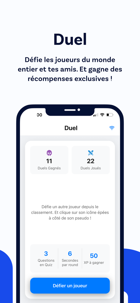 Luni - Quiz quotidien - Interface of the Luni app Duel feature showing player statistics and a challenge button for trivia matches.