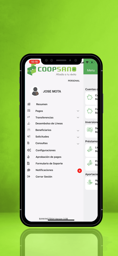 Interfaz de la app COOPSANO Personal mostrando el menú de navegación lateral con opciones de servicios financieros para usuarios dominicanos