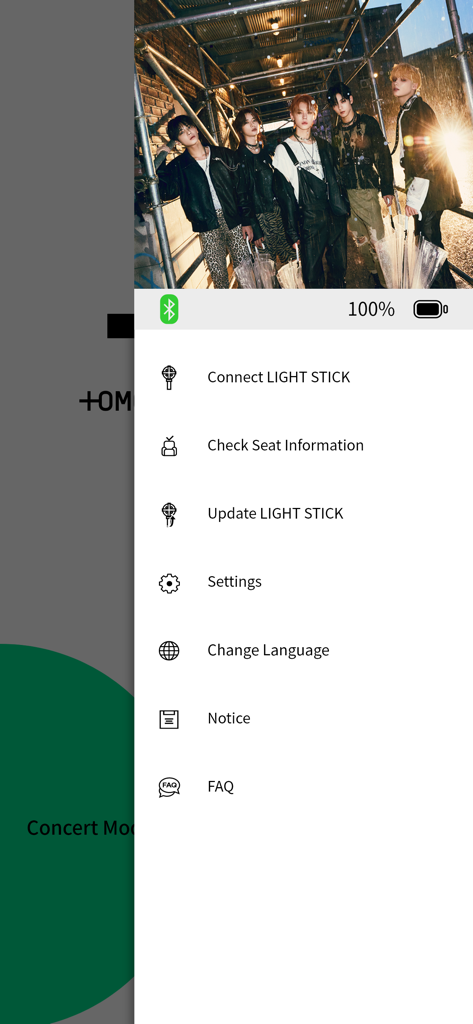 Menú de la aplicación TXT Official Light Stick Ver.2 que muestra la configuración y las opciones de conexión del light stick