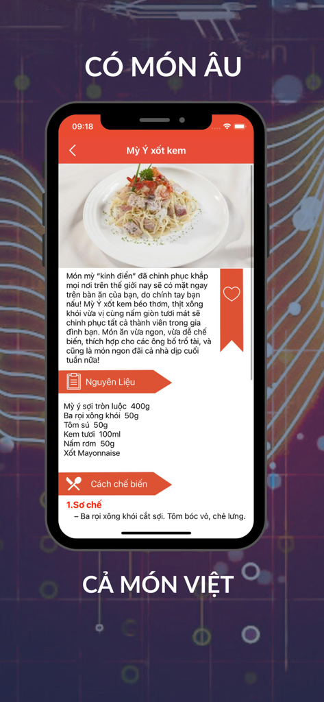 Món Việt - A mobile app screen showing a creamy spaghetti recipe with an ingredient list and preparation steps in Vietnamese.