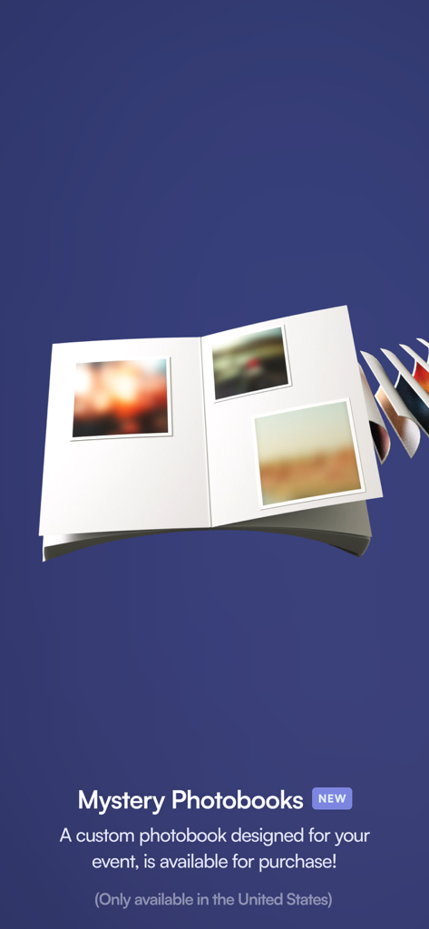 POV – Disposable Camera Events - Mystery Photobooks feature in the POV app displaying a custom digital event album