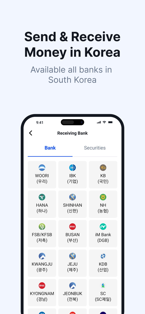 GmoneyTrans - GmoneyTrans app screen displaying a list of South Korean banks available for domestic money transfers.