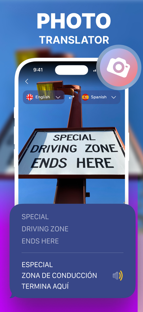 AI Voice Translator Language - AI Voice Translator app translating an English road sign into Spanish using the camera feature