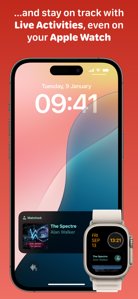iPhone y Apple Watch mostrando Live Activities de AirScrobble para una canción emparejada