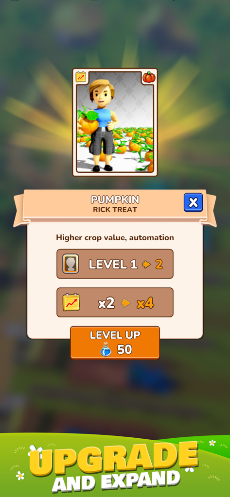 Upgrade screen for pumpkin manager Rick Treat in Idle Farm game