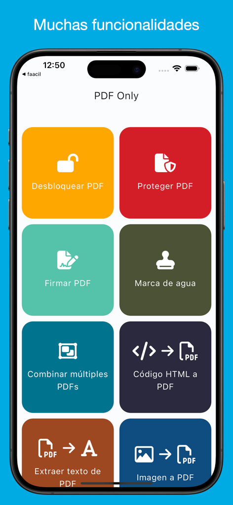 PDF Only - Editor de PDF - Main menu of the PDF Only app showing multiple tools like signing, protecting, and merging PDF documents.