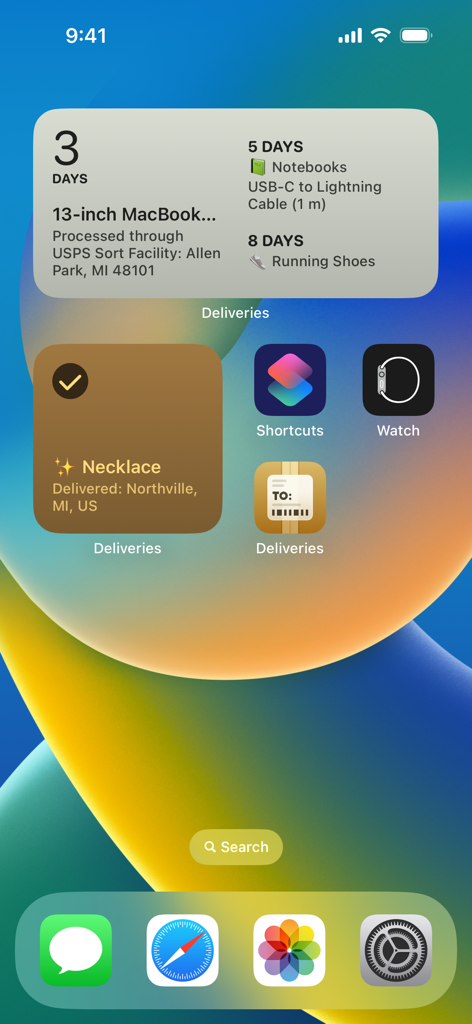 Deliveries: a package tracker - 소포 추적 상태 및 배송 카운트다운이 있는 배송 앱 위젯을 보여주는 iOS 홈 화면