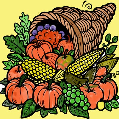 a cornucopia spilling out autumn fruit%2c vegetable