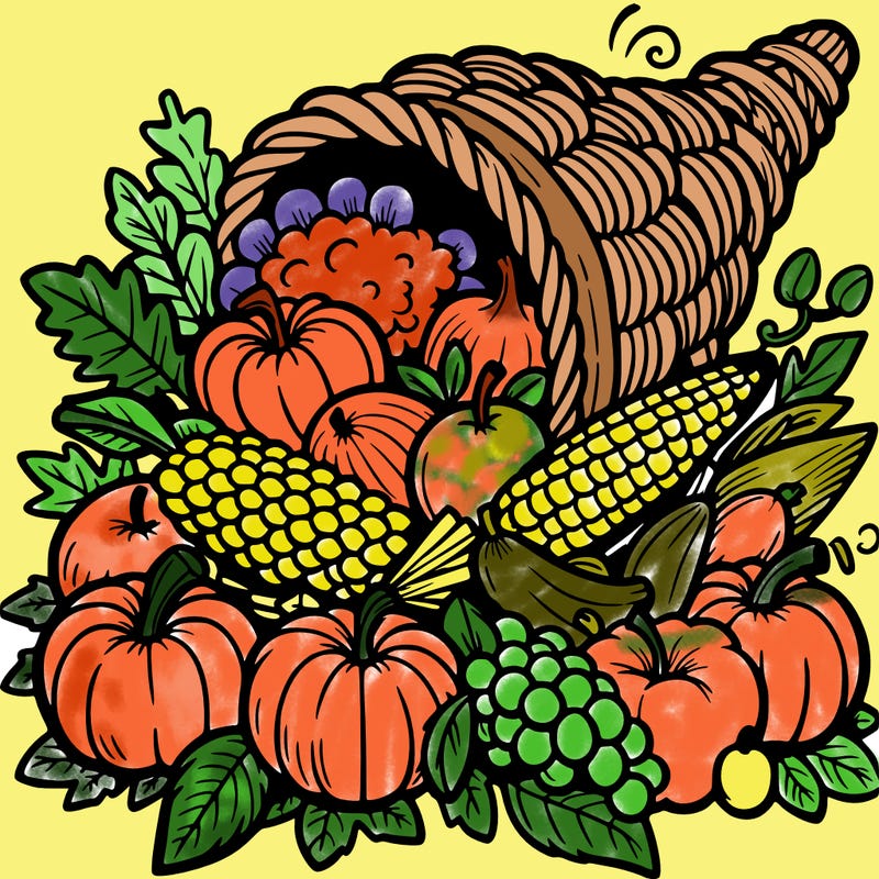 a cornucopia spilling out autumn fruit%2c vegetable