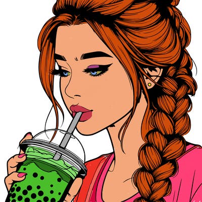 realistic girl drinking boba tea with braided hair