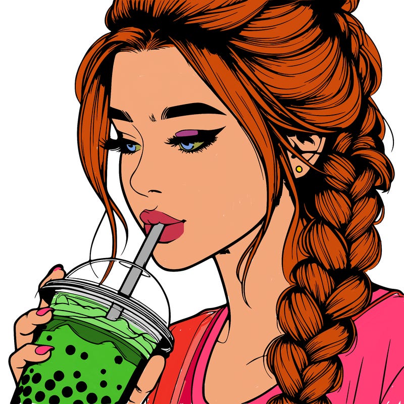 realistic girl drinking boba tea with braided hair