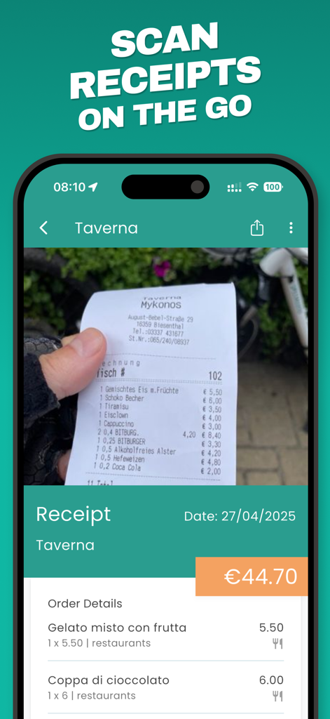 Interfaccia dell'app mobile Spentrip che mostra una ricevuta cartacea in fase di scansione e digitalizzazione in un elenco di spese di viaggio