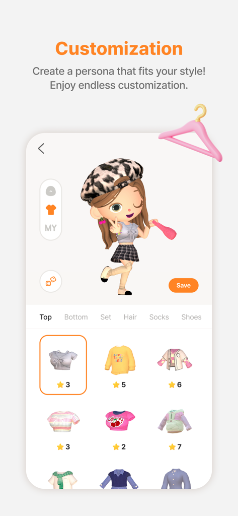 Moii - Heartfelt Connections - Interface for customizing a stylized 3D avatar in the Moii app showing various clothing options