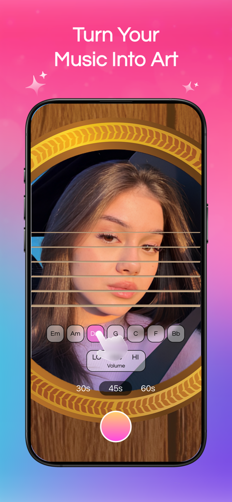 Melodic: Music Draw & Painter - A user recording a video with music chord overlays and face camera in the Melodic app