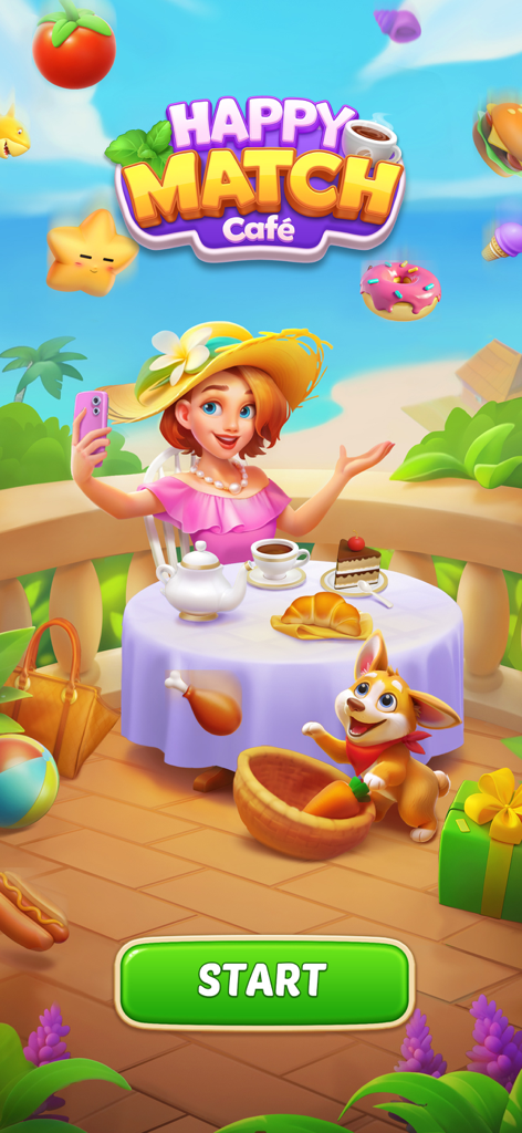 Happy Match Cafe™ - Pantalla de inicio de Happy Match Cafe con una mujer haciéndose una selfie y un perro en la terraza soleada de un café.