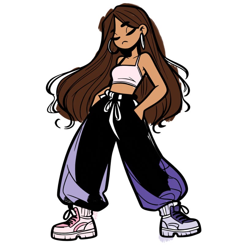 girl in baggy pants crop top and long hair
