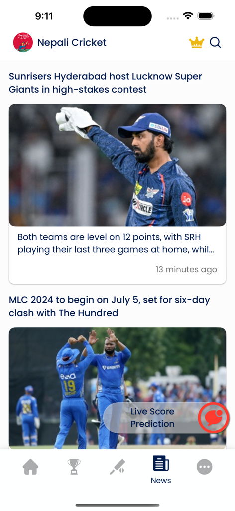 Live Star Sports - Live Star Sportsアプリのクリケットニュースセクションに、試合プレビューとリーグアップデートが表示されています