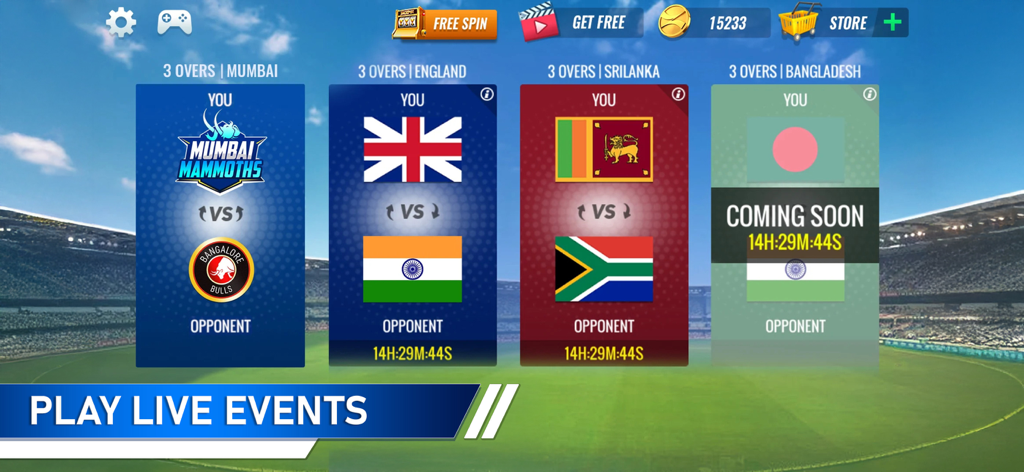 T20 Cricket Champions 3D - El menú de eventos en vivo en la aplicación T20 Cricket Champions 3D mostrando varios enfrentamientos de equipos internacionales.