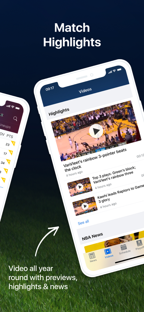 프로 농구 라이브 앱 화면의 NBA 경기 하이라이트 및 뉴스 동영상