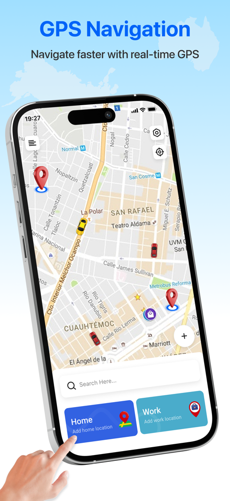 GPS Maps & Voice Navigation - Real-time GPS navigation map interface on an iPhone with home and work location shortcuts.