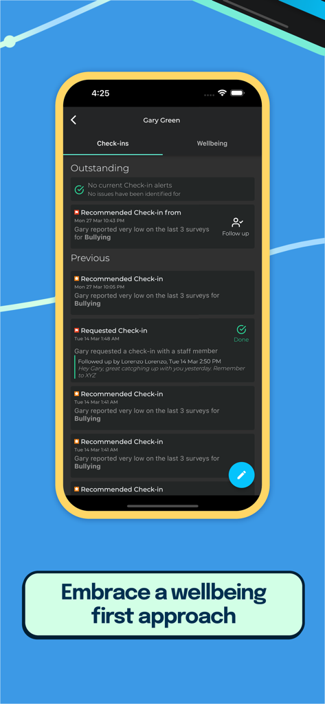 Komodo - Mobile interface of the Komodo app displaying student wellbeing check-ins and staff alerts.