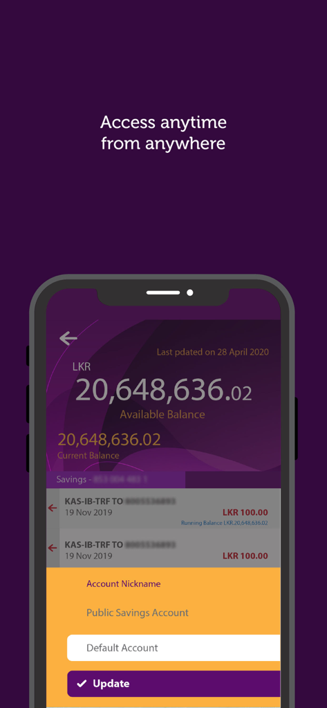 ComBank ePassbook app interface showing account balance in LKR and the account nickname feature.