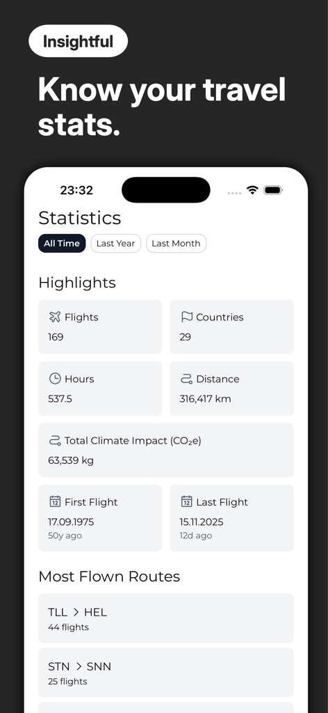 FlightVault - Log Your Flights - A mobile app interface displaying travel statistics including total flights, countries visited, flight hours, and most flown routes.