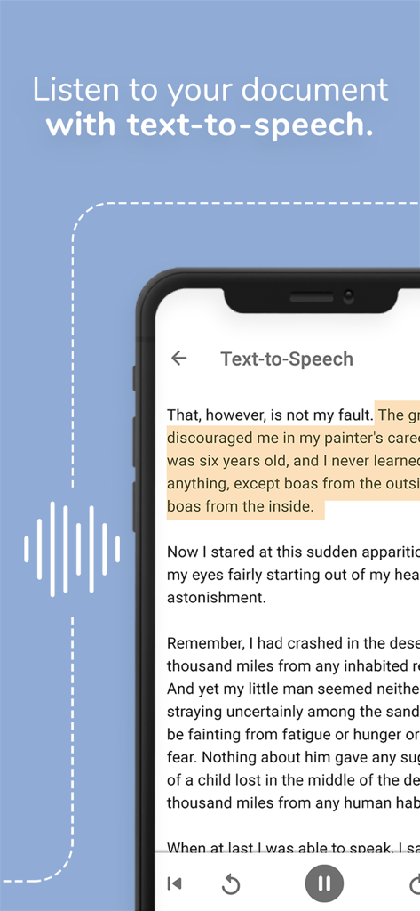 OpenDocument Reader - view ODT - Smartphone displaying the text-to-speech feature in the OpenDocument Reader app used to listen to documents.