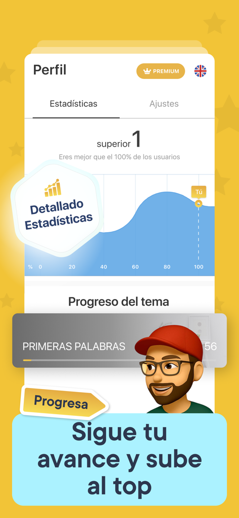Profile screen of the Starlex app showing a progress graph and user ranking for learning English