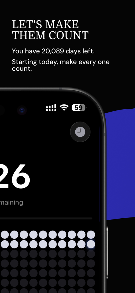 TimeDot: Year & Life Progress - A minimalist iPhone screen displaying a grid of dots representing life progress and a text message saying you have twenty thousand days left